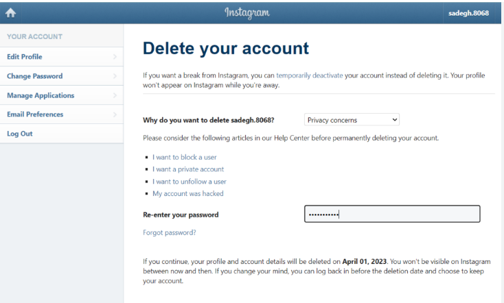 How to delete an instagram account that has been hacked